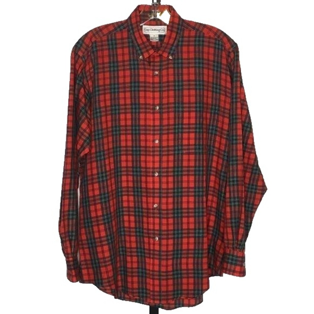 Vintage 80s Gap Clothing Co Oxford Shirt‎ Mens M Red Green Plaid Unisex 42"